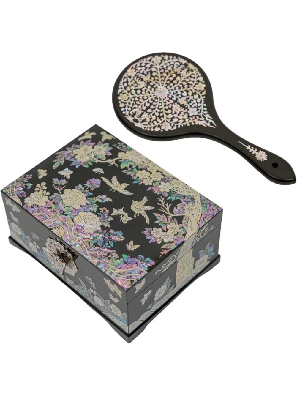 Elegant Mother-of-Pearl Jewelry Box & Hand Mirror Set - Luxury Gift for Her